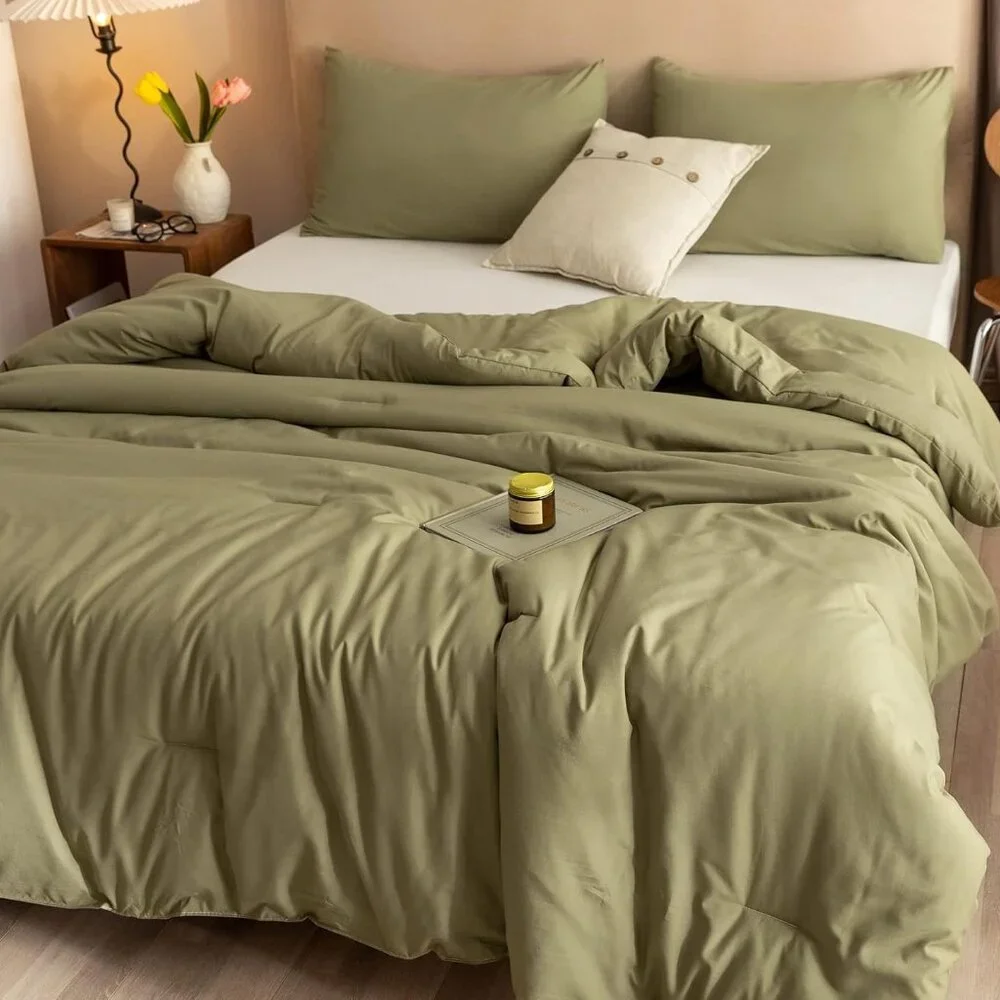 King Size Comforter Set Olive Green, 3pcs (1 Boho Comforter & 2